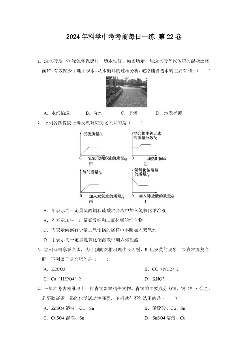 2024年浙江省科学中考考前每日一练 第22卷（含解析）