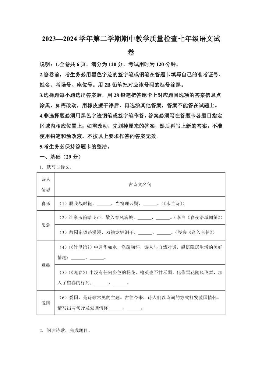 广东省惠州市惠东县2023-2024学年七年级下学期期中语文试题（含解析）