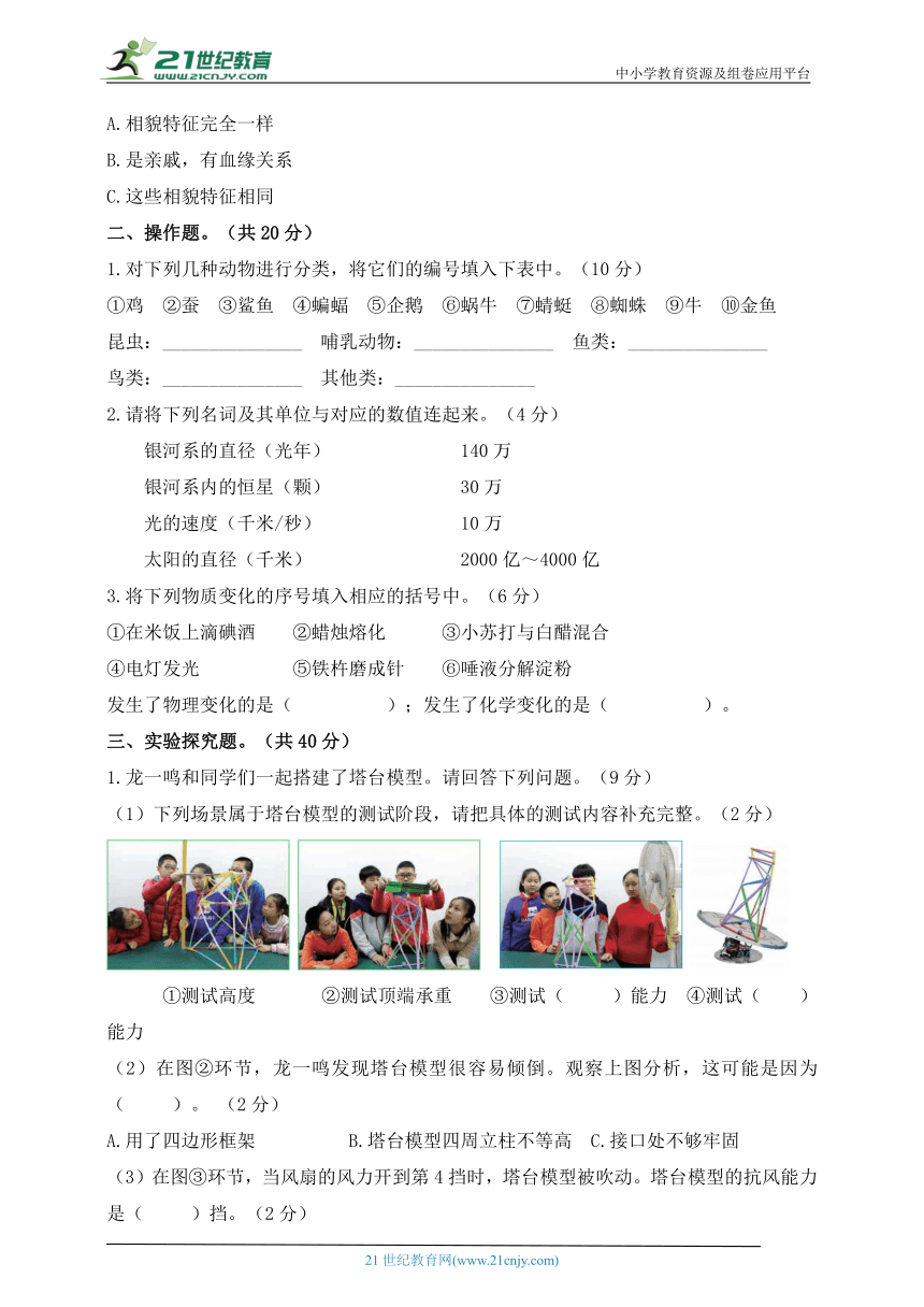 六年级科学下册（教科版）期末学业质量测评（含答案）