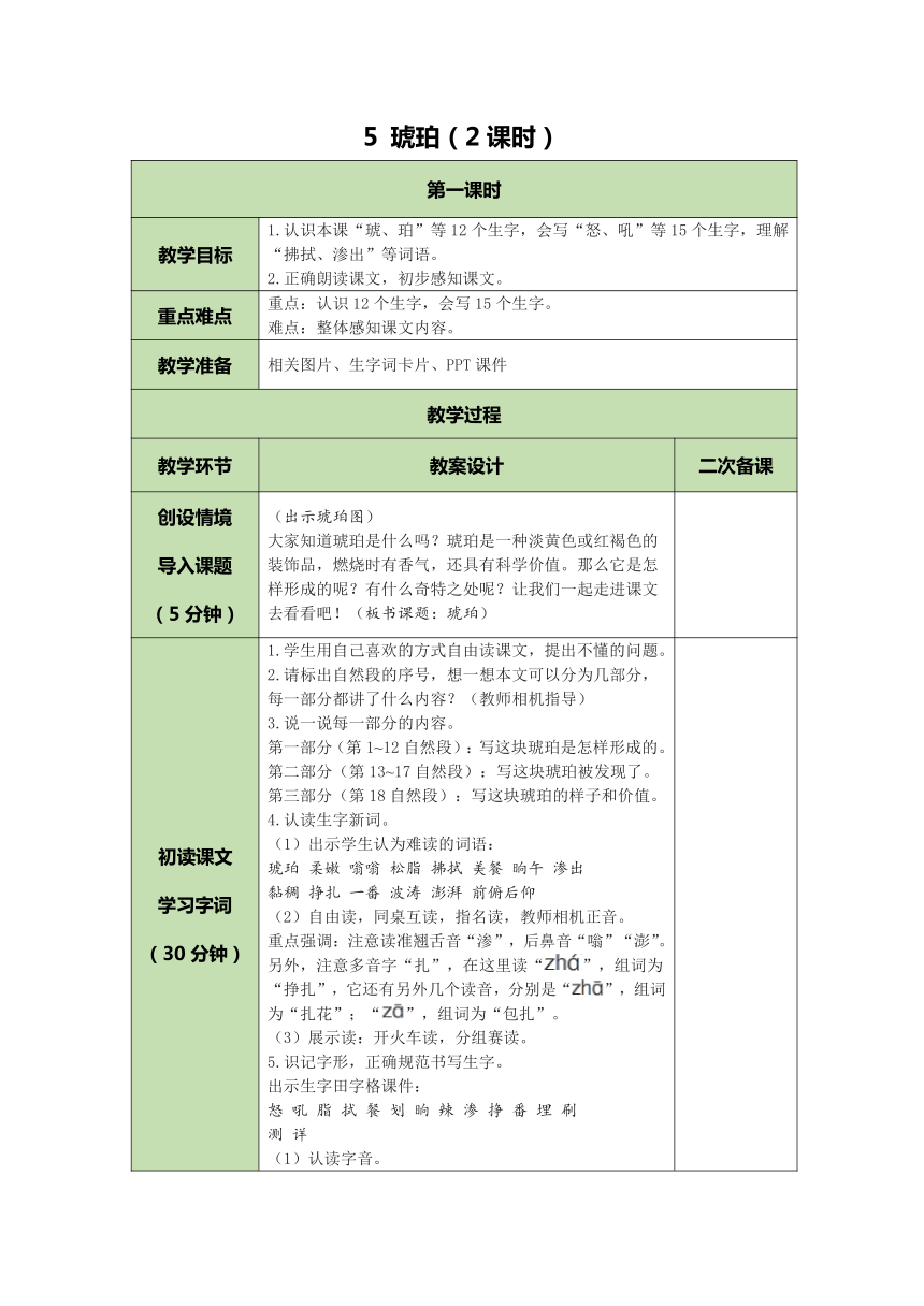 5 琥珀 表格式教案（2课时  含反思）