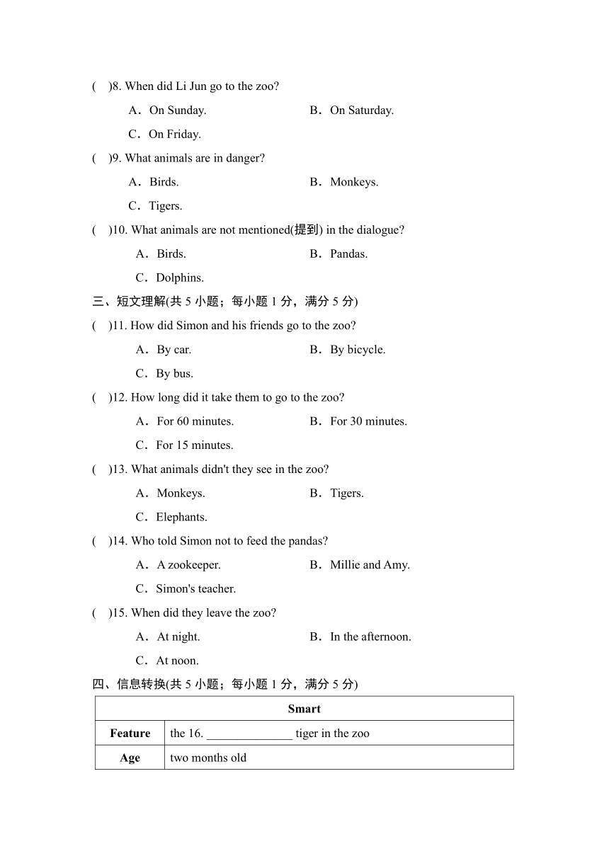 牛津译林英语八年级上册Unit 5 Wild animals 单元学情评估试题（含听力原文+答案）