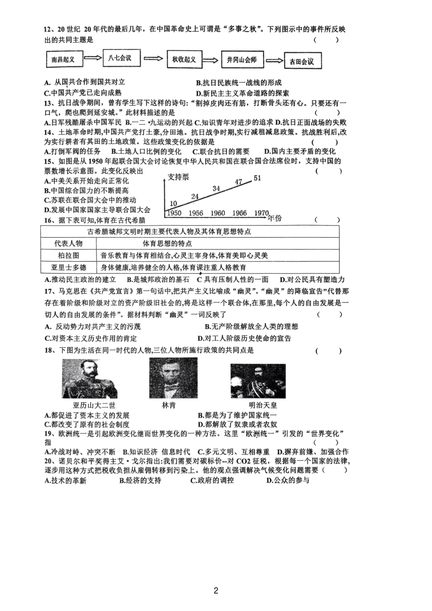 2024年河南省信阳市商城县中考二模历史试题（扫描版无答案）