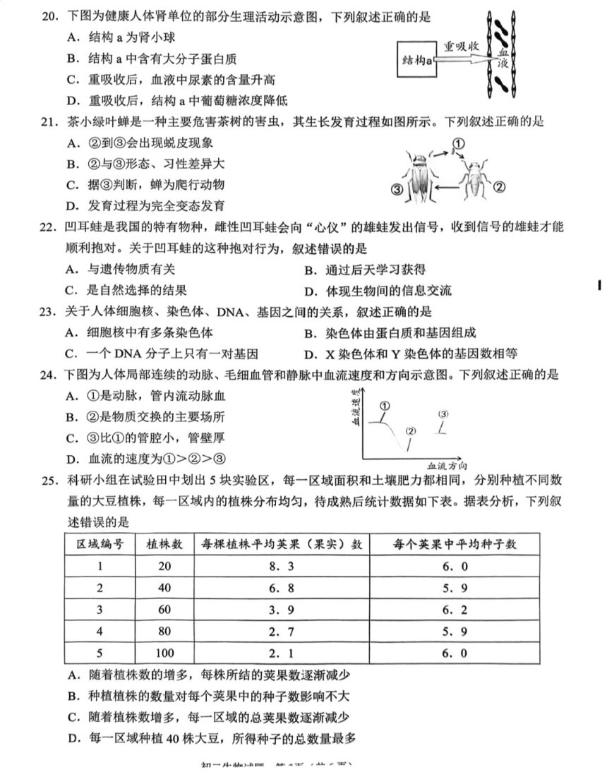 2024年5月福建省泉州市初中毕业班教学质量检测生物试题（PDF版无答案）