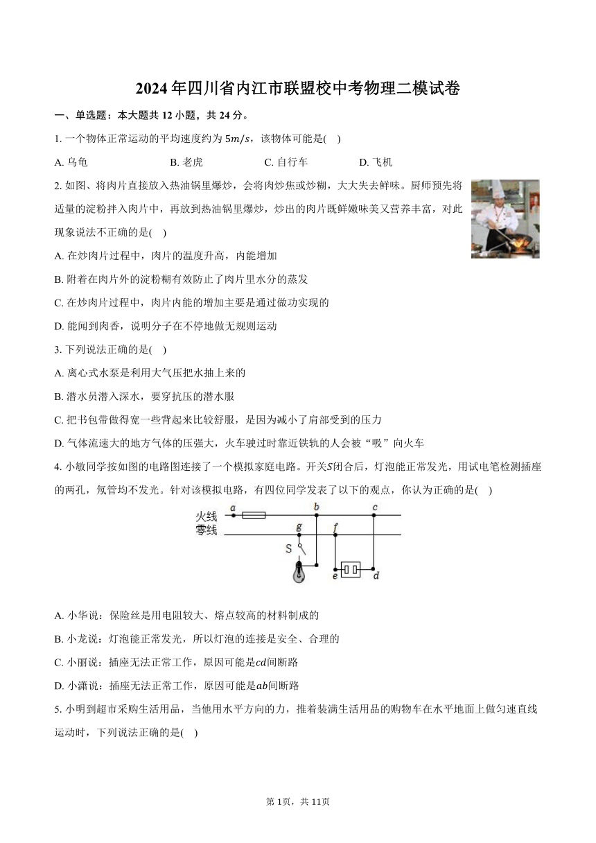 2024年四川省内江市联盟校中考物理二模试卷（含答案）