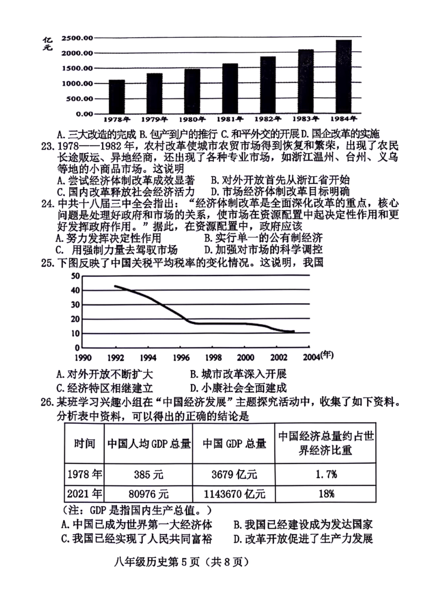 河北省保定市曲阳县2023-2024学年八年级下学期期中考试历史试题（扫描版，含答案）
