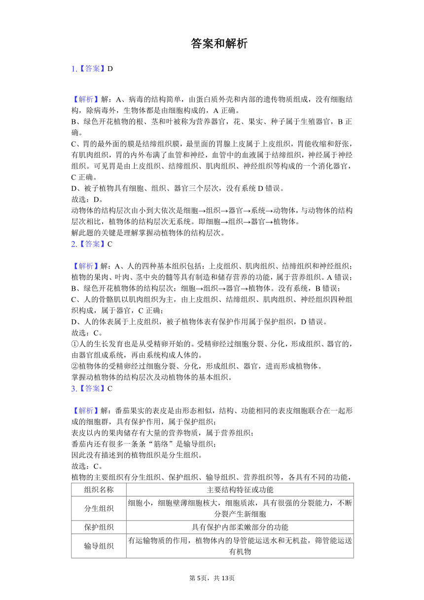 苏科版七年级下册第4单元第九章 生物体有相似的结构层次 单元测试（含解析）