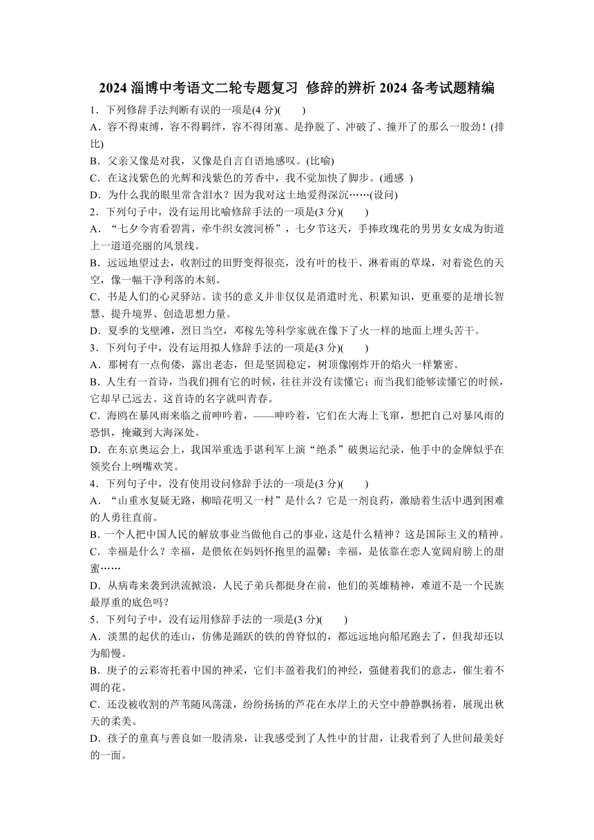 2024年山东省淄博中考语文二轮专题复习 修辞的辨析2024备考试题精编 (含解析)