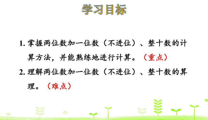 人教版数学一下6.2 两位数加一位数（不进位）、整十数 课件（21张）