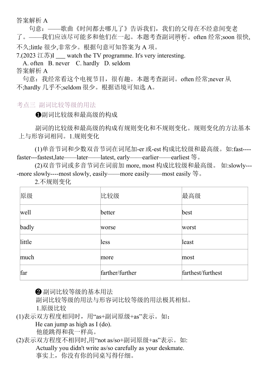 2024年人教版中考英语语法专项复习（讲义与练习）—副词（含答案）