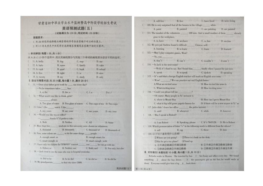 2020甘肃省庆阳市初中毕业学业水平检测英语预测试题（五）（图片版含答案）