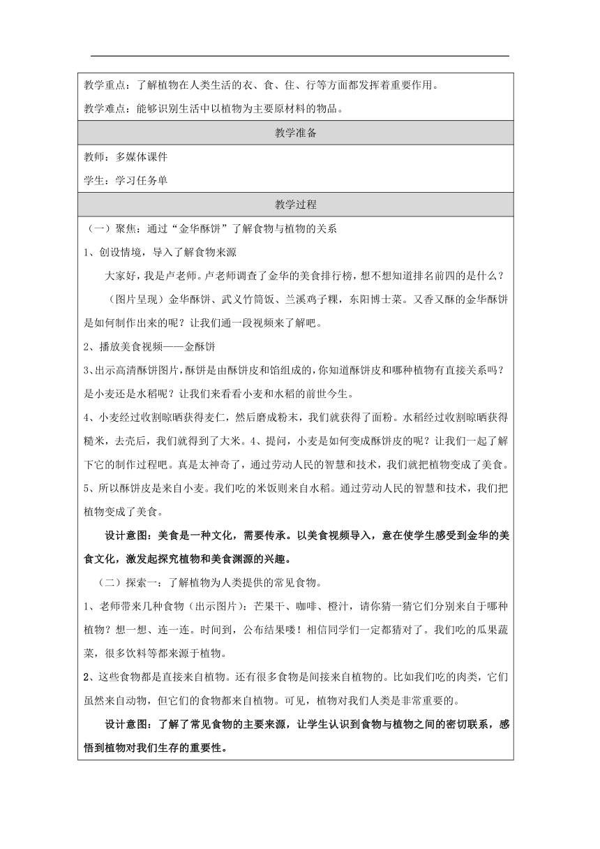 小学科学教科版一年级上册：我们离不开植物科学阅读-教学设计（表格式）