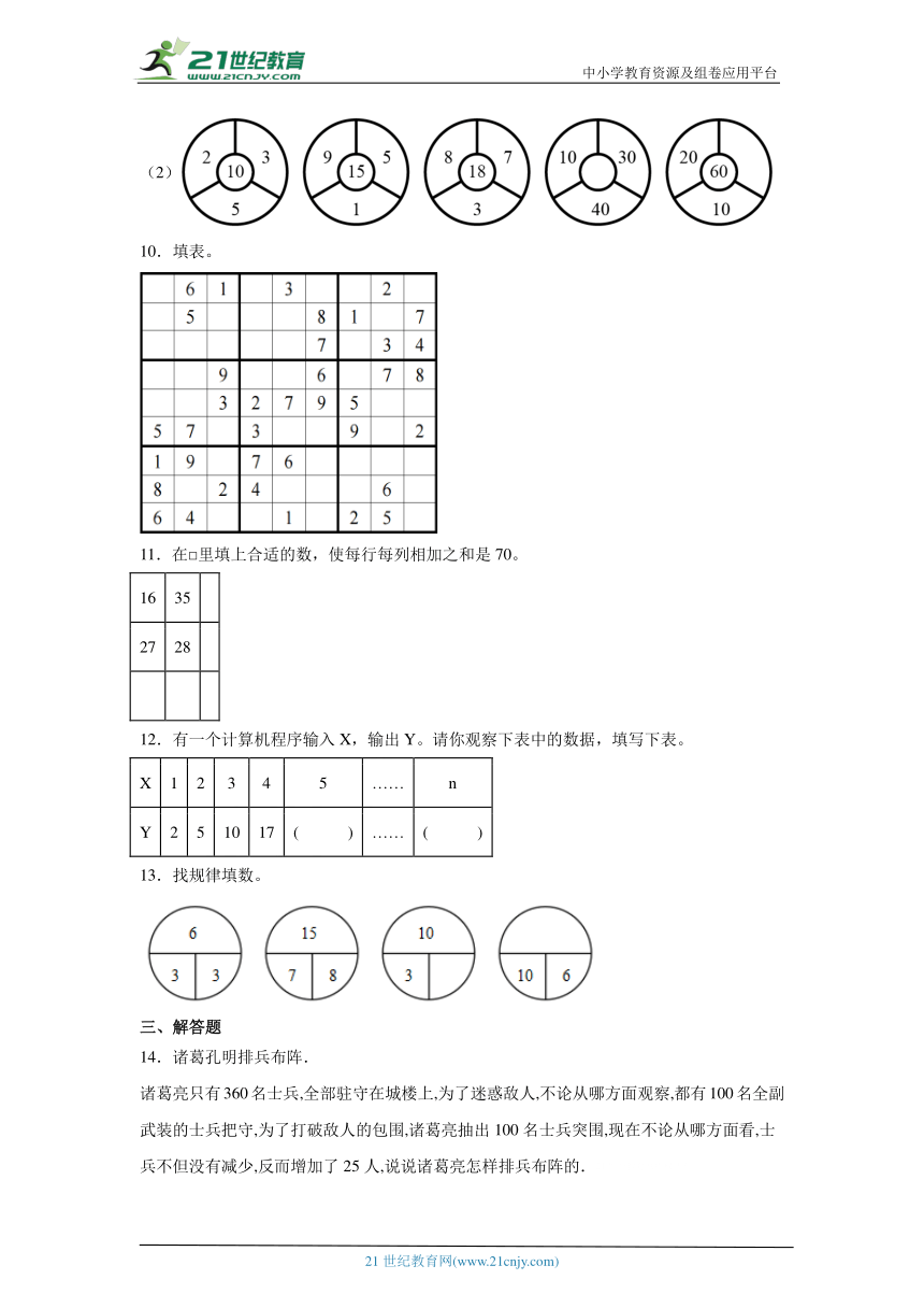 数表中的规律试题 小升初数学专项复习试题 (含答案)