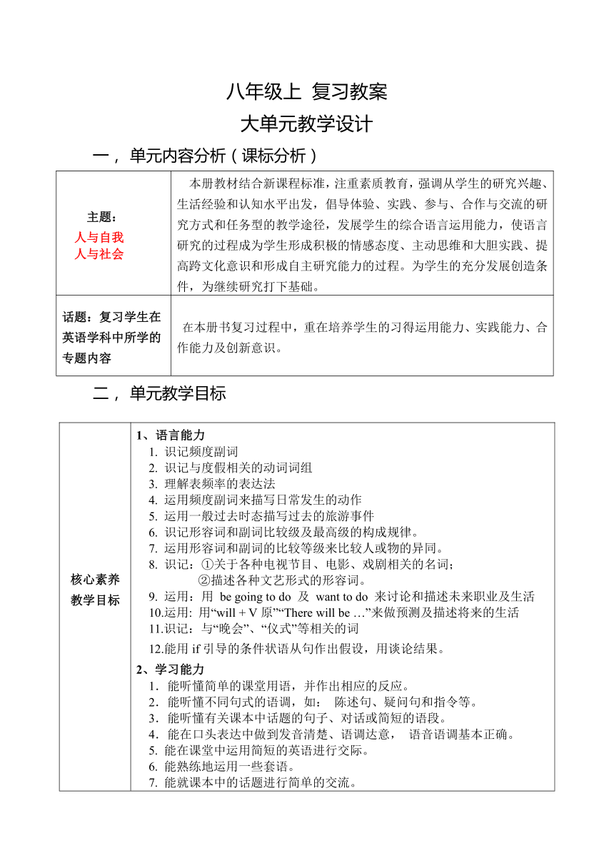 2023-2024学年第一学期八年级英语units1-10复习教案（表格式）