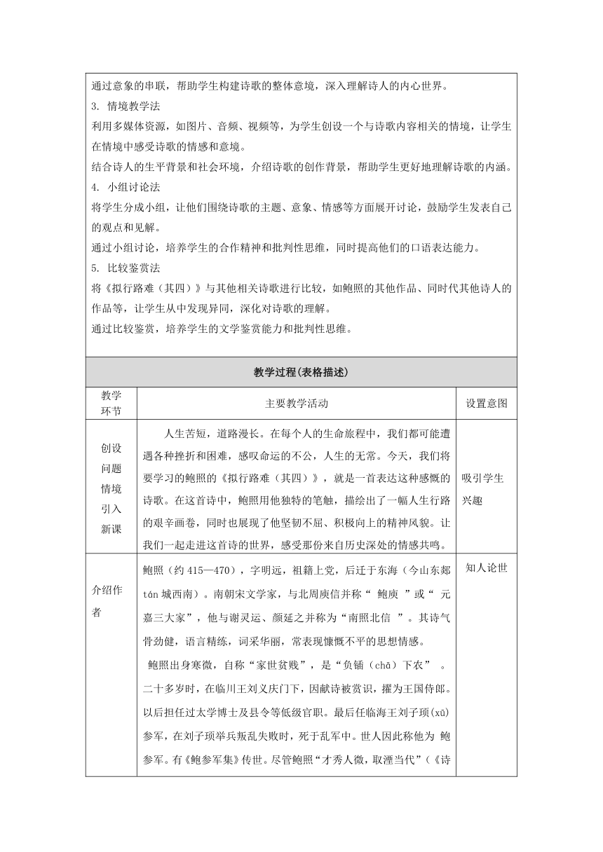 古诗词诵读《拟行路难(其四) 》教学设计（表格式） 2023-2024学年统编版高中语文选择性必修下册