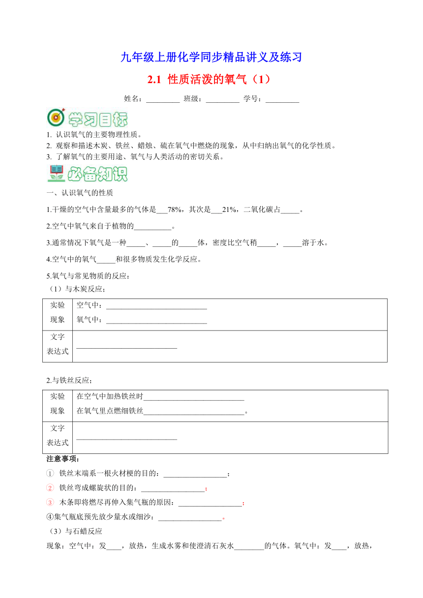 2.1 性质活泼的氧气-2023-2024学年沪教版九年级上册化学同步讲义及练习（含解析）