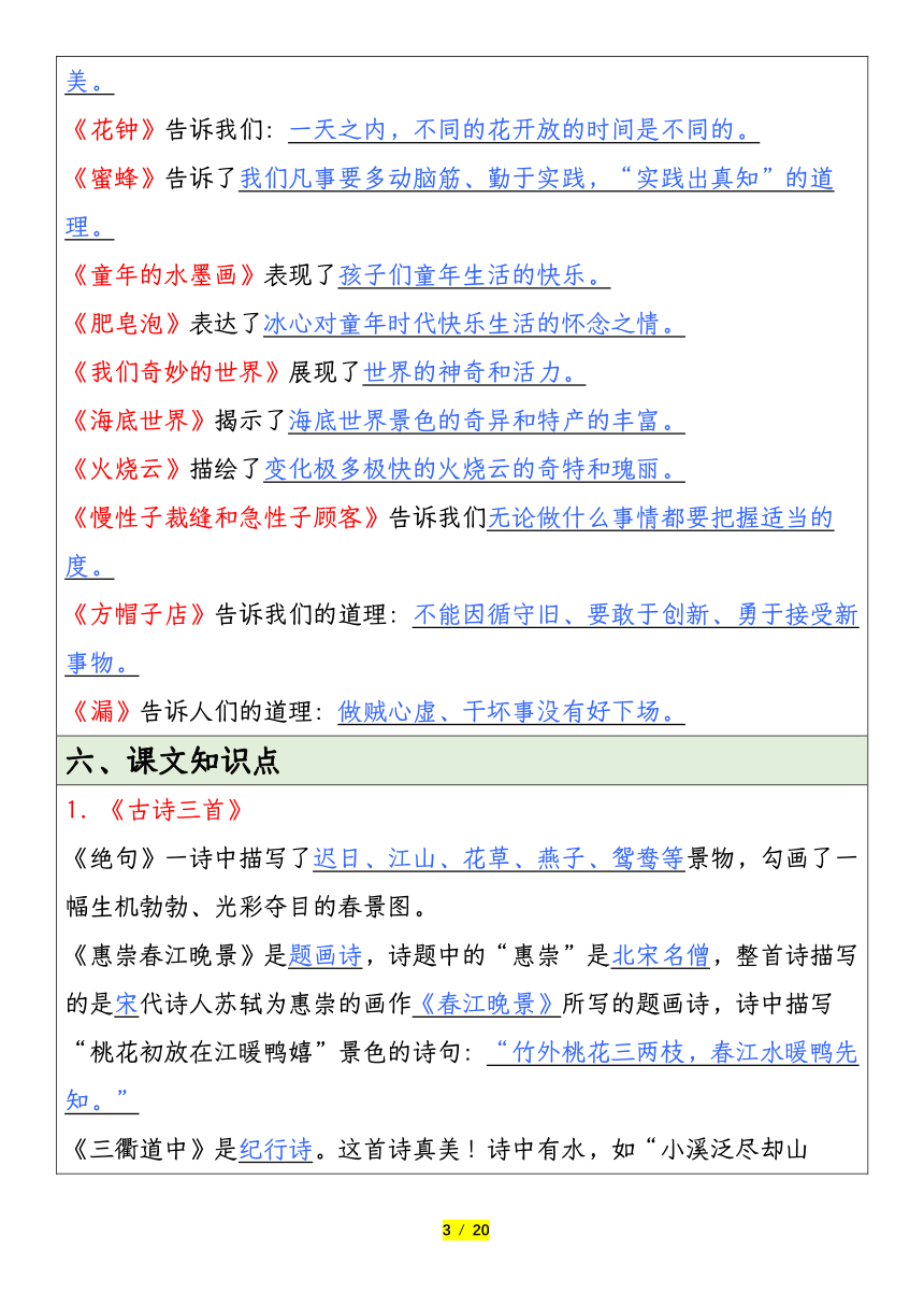 统编版语文三年级下册全册重要考点归纳总结