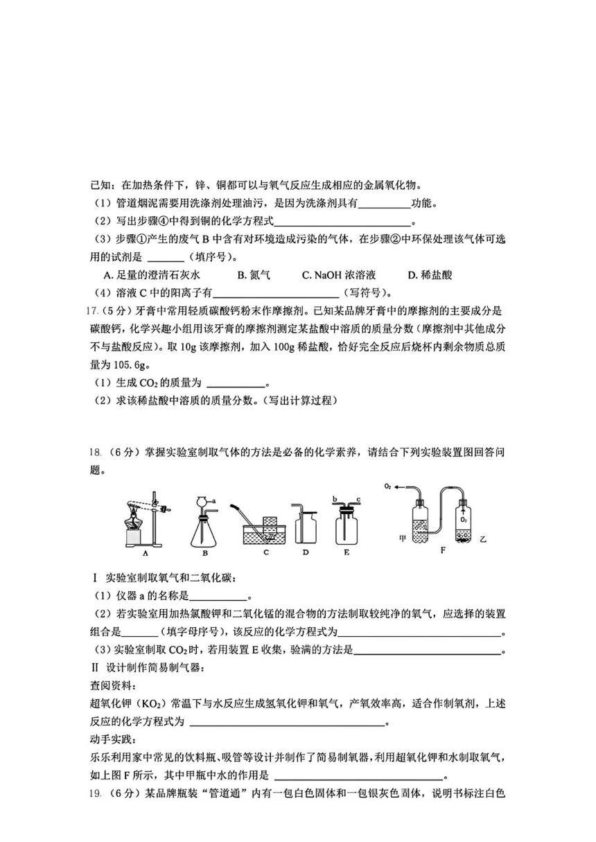 2024年湖北省枣阳市中考二模考试化学试题（PDF  含答案）