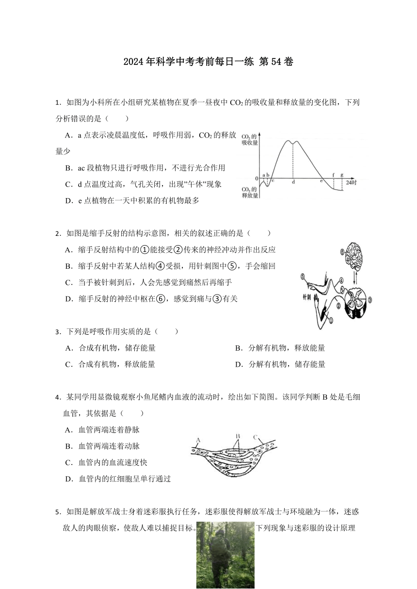 2024年浙江省科学中考考前每日一练 第54卷（含解析）