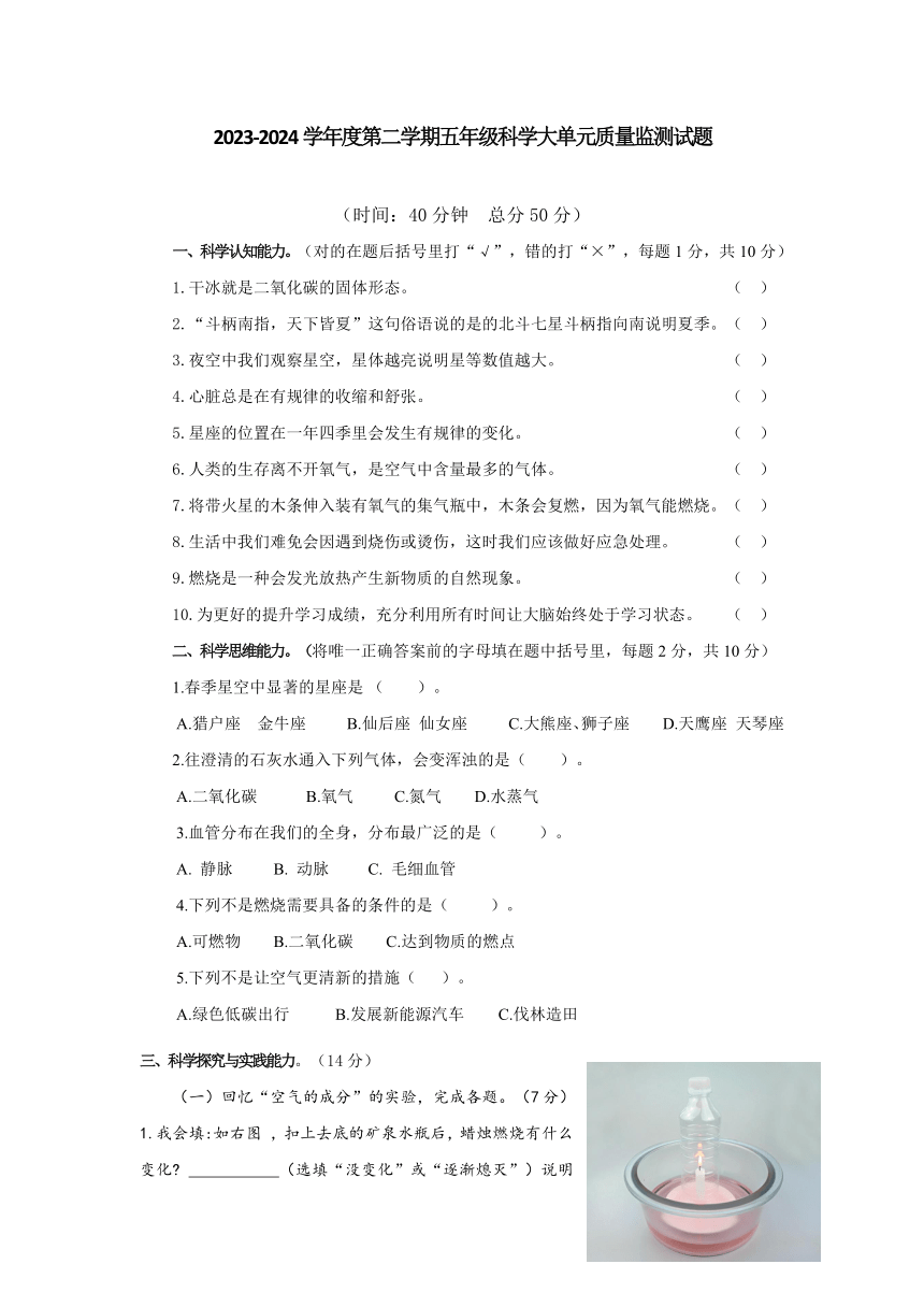 山东省枣庄市薛城区沙沟镇岩湖小学2023-2024学年五年级下学期期中科学大单元质量测试（无答案）