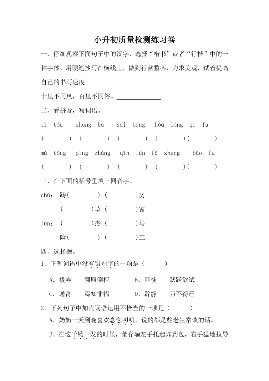 2023-2024学年六年级下册语文小升初质量检测试题（无答案）