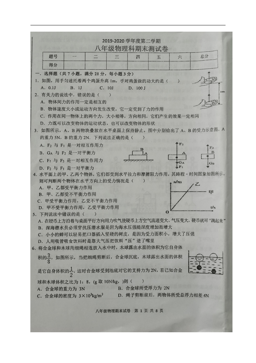 广东省揭阳市产业园2019-2020学年八年级下学期期末考试物理试题（图片版，含答案）