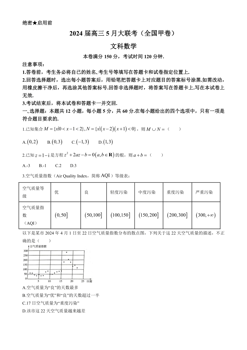 西藏自治区拉萨市2024届高三下学期5月月考试题 数学（文）（PDF版含解析）