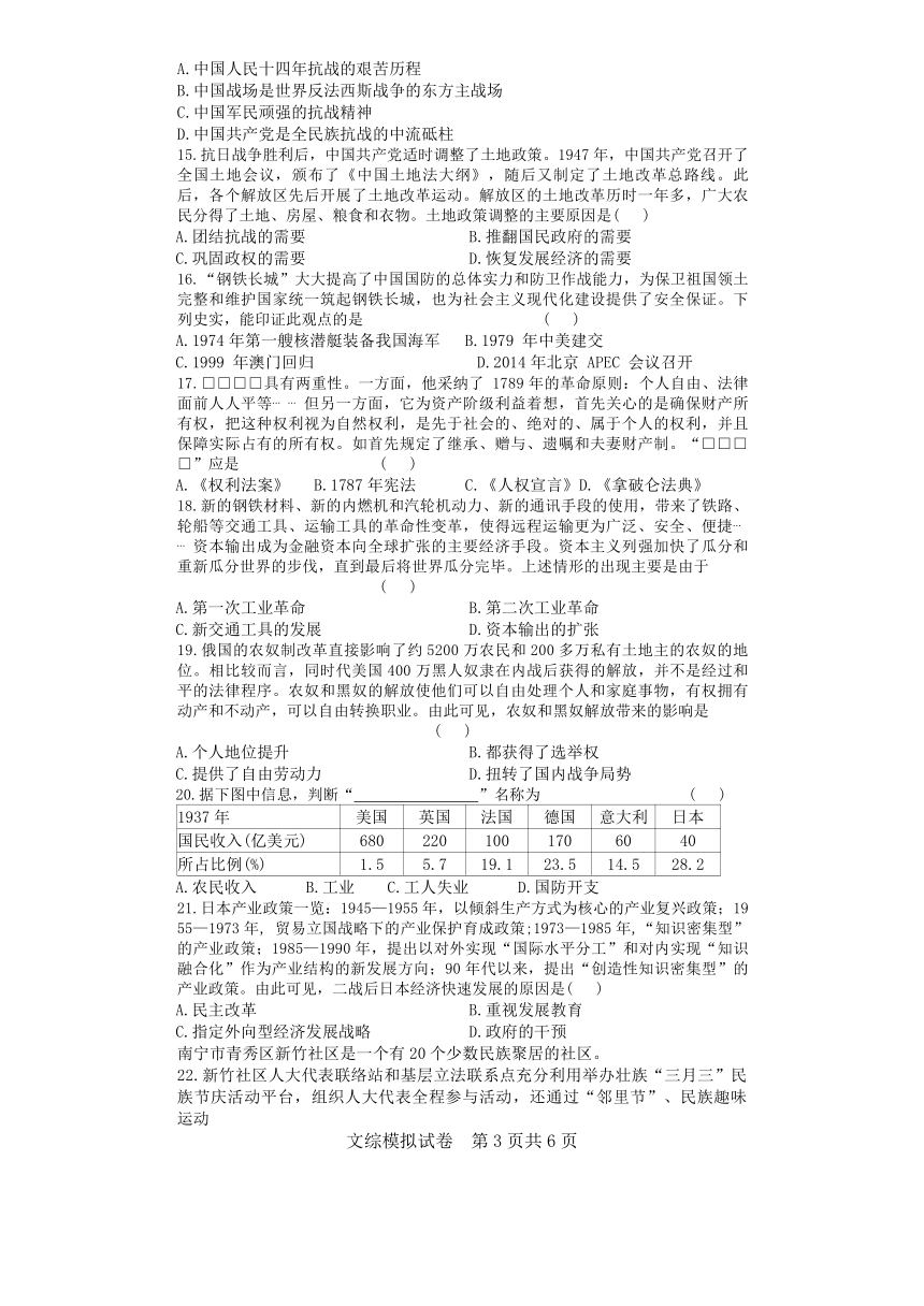 2024年河北省邯郸市第十四中学九年级中考一模文科综合试卷（无答案）