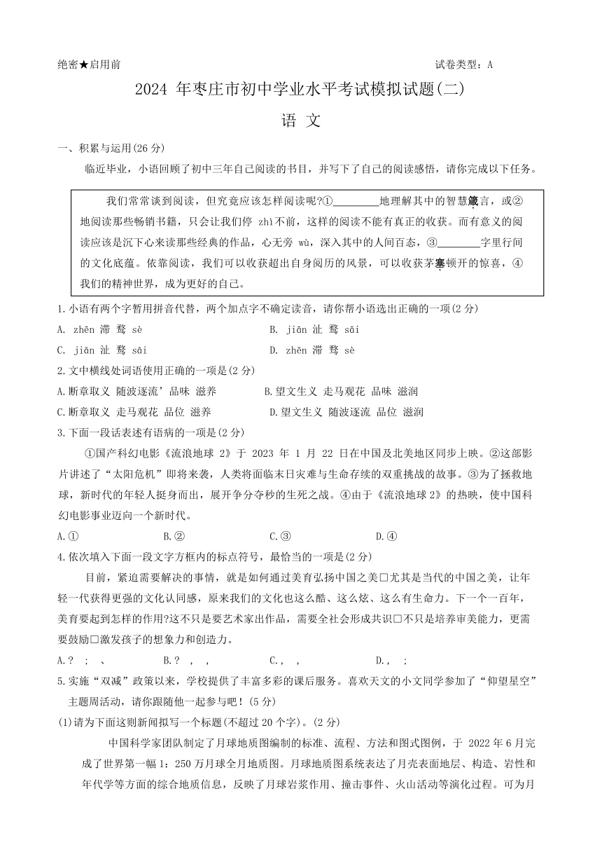 2024年山东省枣庄市初中学业水平考试模拟语文试题（无答案）