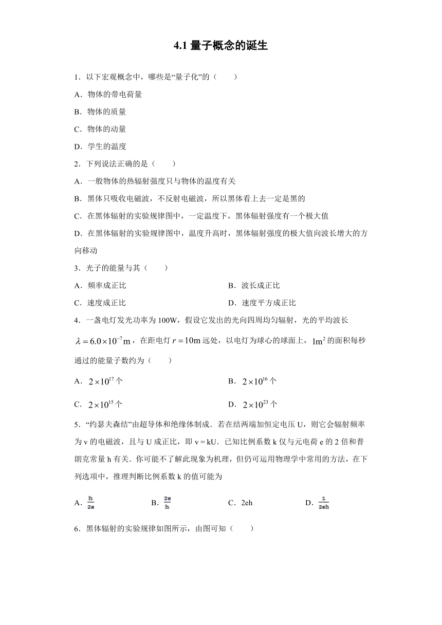 四川省合江中学2019-2020学年高中物理教科版选修3-5：4.1量子概念的诞生 同步练习（含解析）