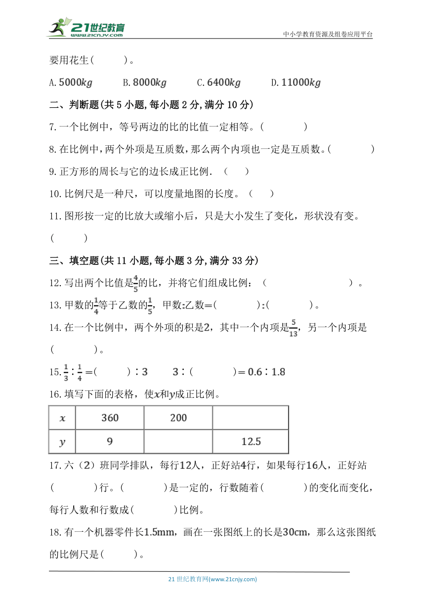 人教版六年级数学下册第四单元《比例》单元同步练习题 (含答案)