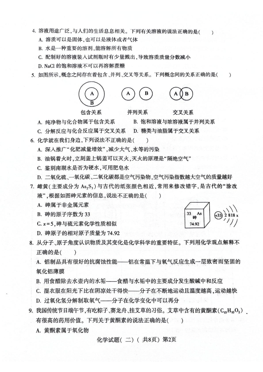 2024年山东省聊城市阳谷县中考二模化学试题（PDF无答案）