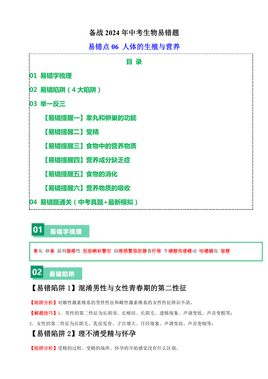 易错点06 人体的生殖与营养-备战2024年中考生物易错题（含解析）