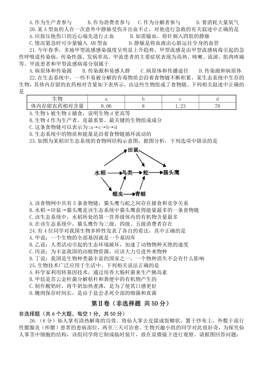 2024年山东省济宁市兖州区初中学业水平第二次模拟考试生物试题（含答案）