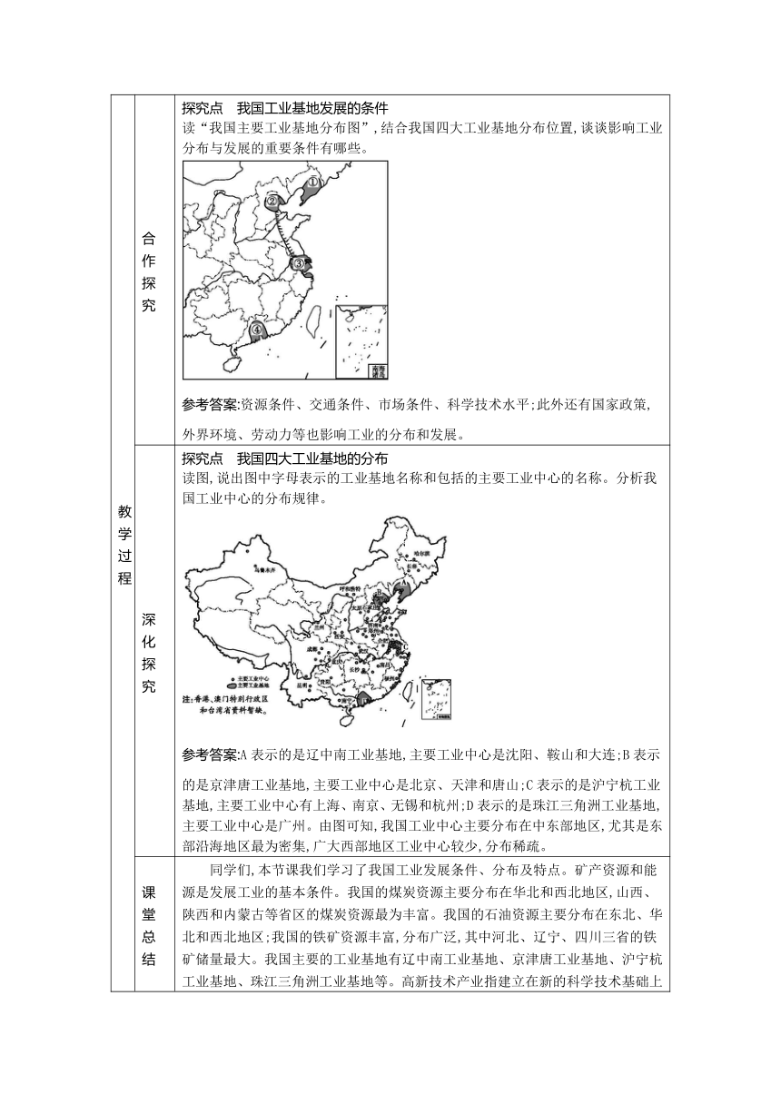 4.3工业教案（表格式）2023-2024学年度中图版地理七年级下册