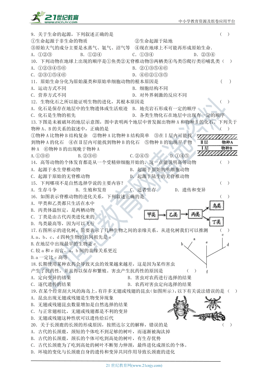 人教版初中生物总复习第七单元第三章生命起源和生物进化导学案（含答案）