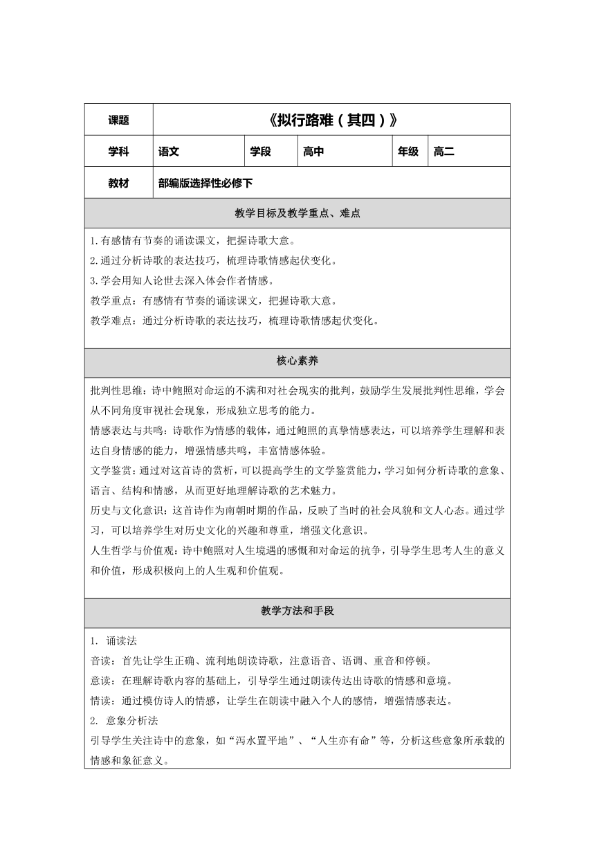 古诗词诵读《拟行路难(其四) 》教学设计（表格式） 2023-2024学年统编版高中语文选择性必修下册