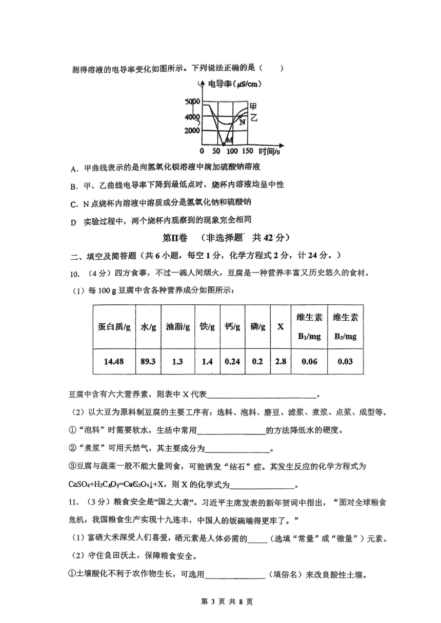 陕西省西安市铁一中学2023--2024学年九年级下学期单元学情调查化学试卷（八）（图片版，无答案）