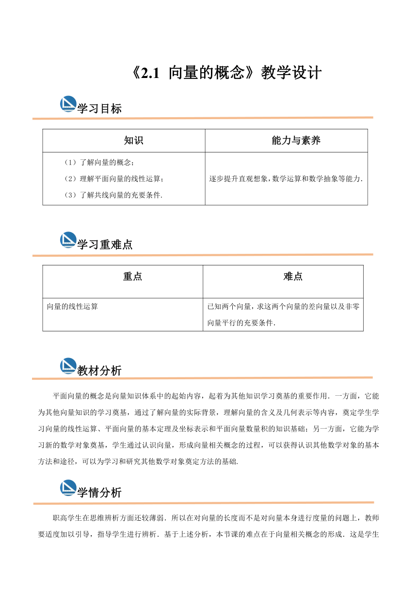 【核心素质】高教版2021·拓展模块一上册：2.1 向量的概念 教案