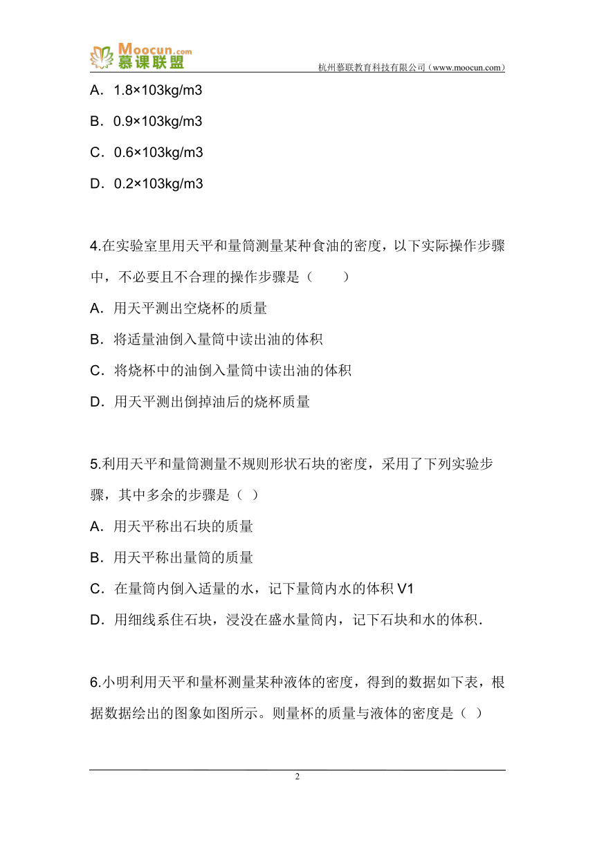 人教版物理八上6.3.2测量物质的密度2（同步练习）