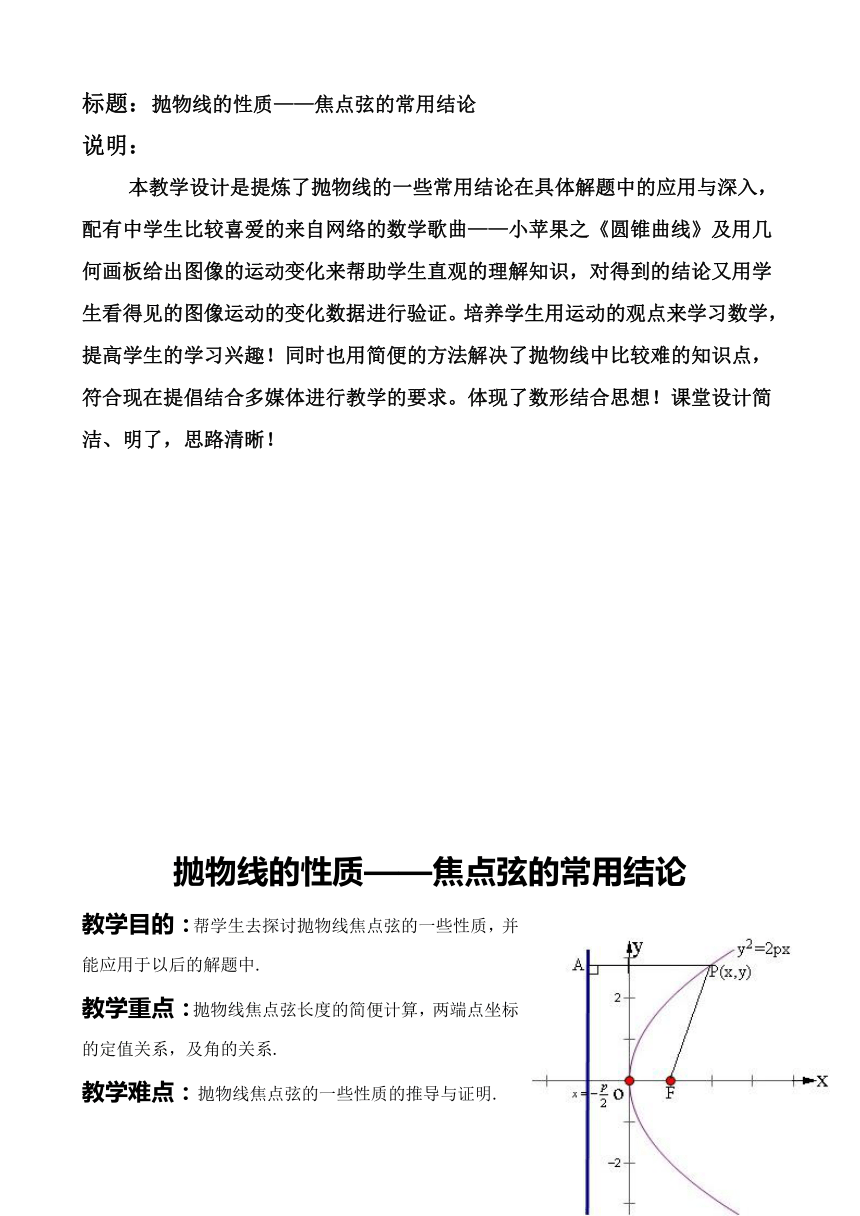 沪教版高中数学高二下册-12.8 抛物线的性质——焦点弦的常用结论 教案