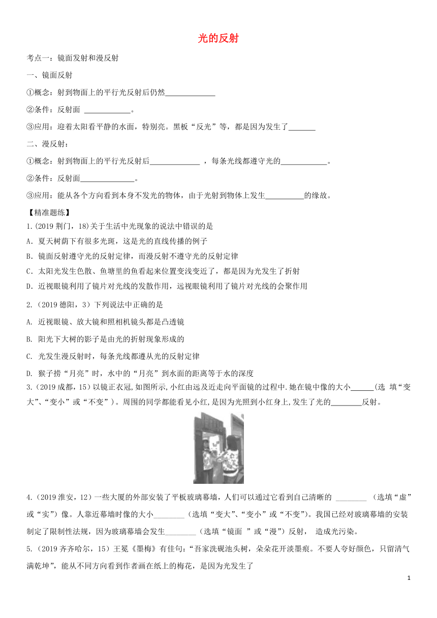 2020届中考物理知识点强化练习卷(一)光的反射(含解析)(新版)新人教版