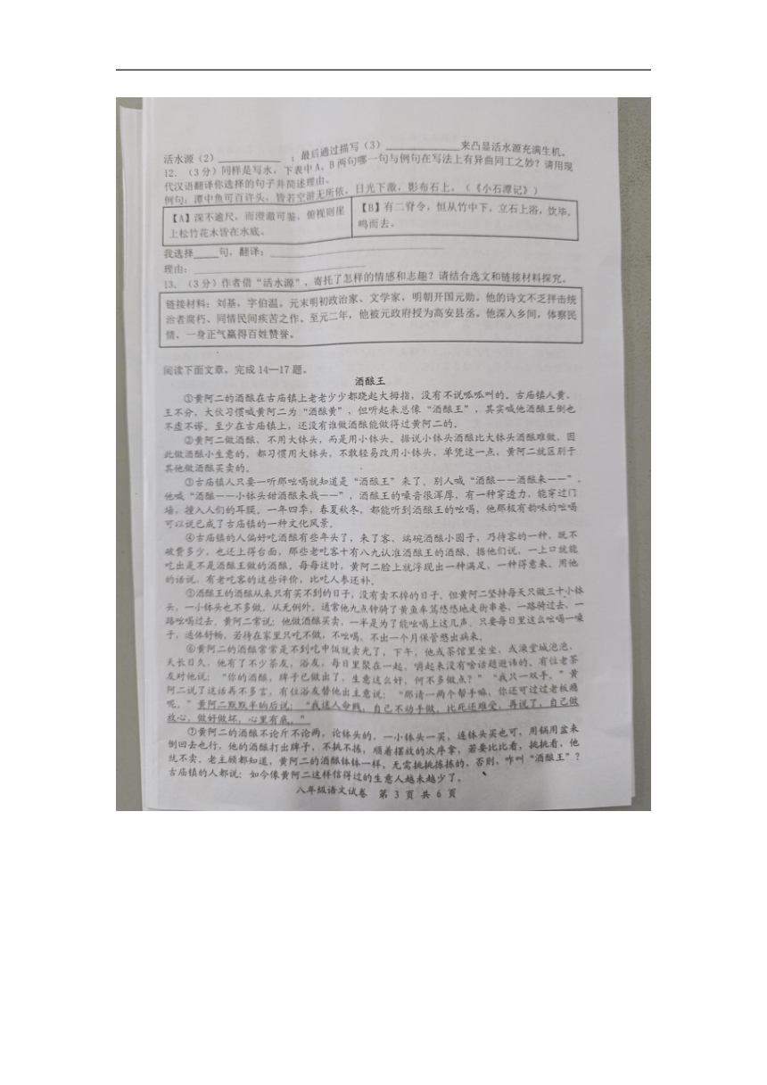 湖北省黄石市第八中学教联体2023-2024学年八年级下学期期中考试语文试题（图片版，无答案）