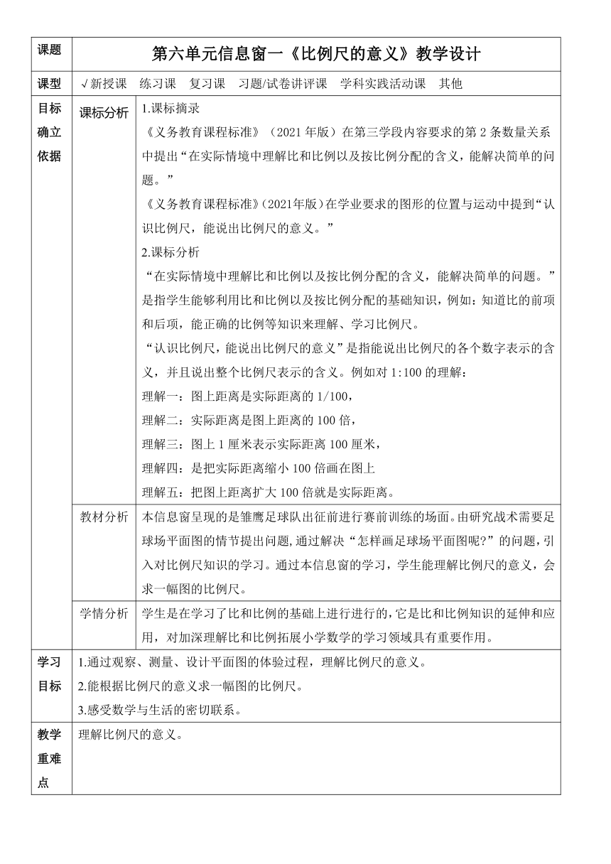 《比例尺的意义》 教案 -五年级下册数学青岛版（五四学制）（表格式）