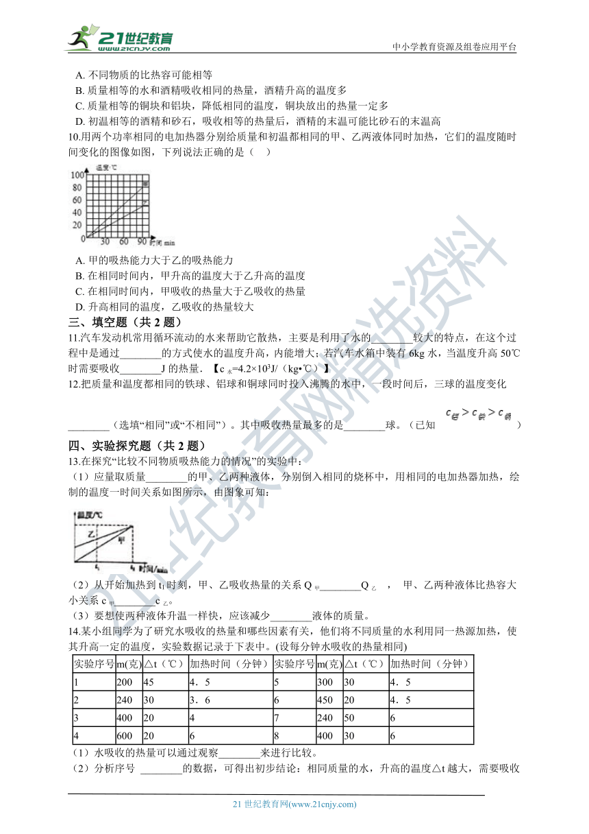 13.3 比热容 同步练习（含答案及解析）