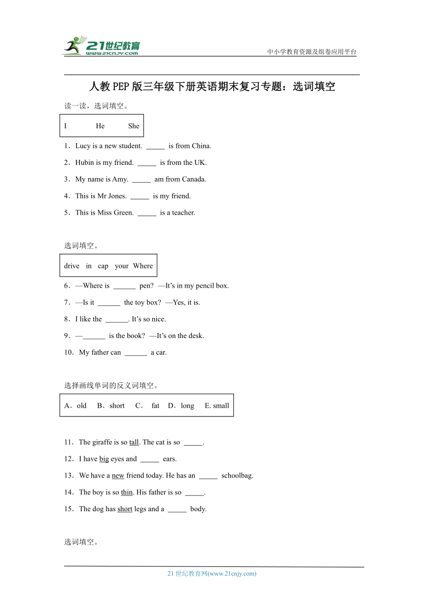 人教PEP版三年级下册英语期末复习专题：选词填空（含答案）