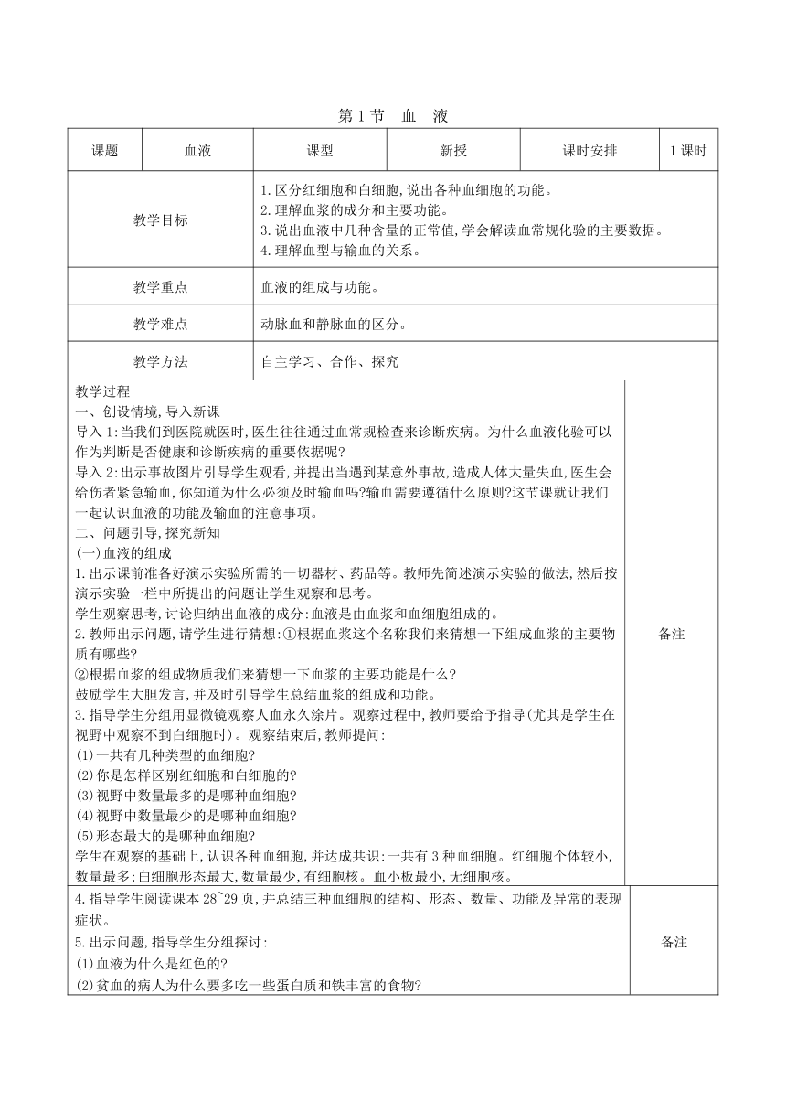 4.9.1血液教案（表格式）2023-2024学年度北师大版生物学七年级下册