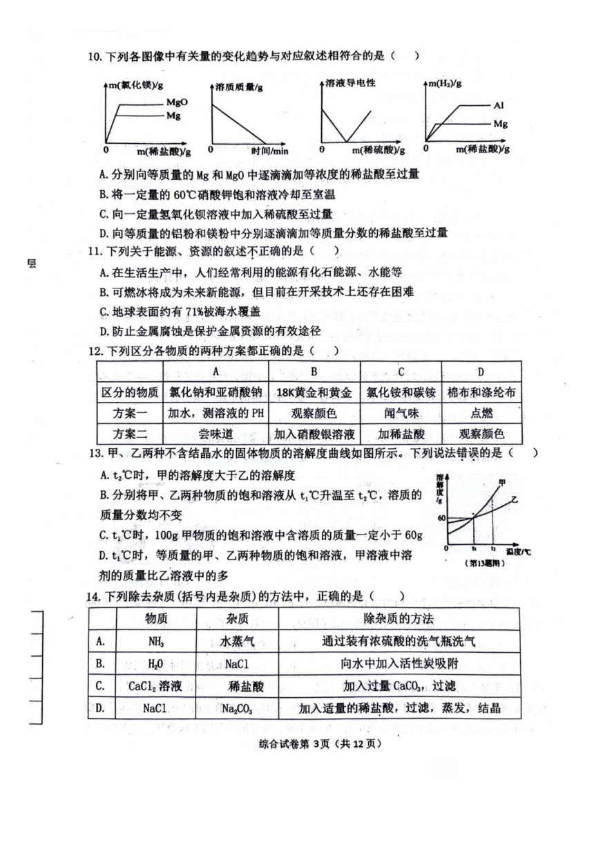 黑龙江省哈尔滨市松北区2024年初中升学调研测试（二）理科综合试卷（图片版 无答案）
