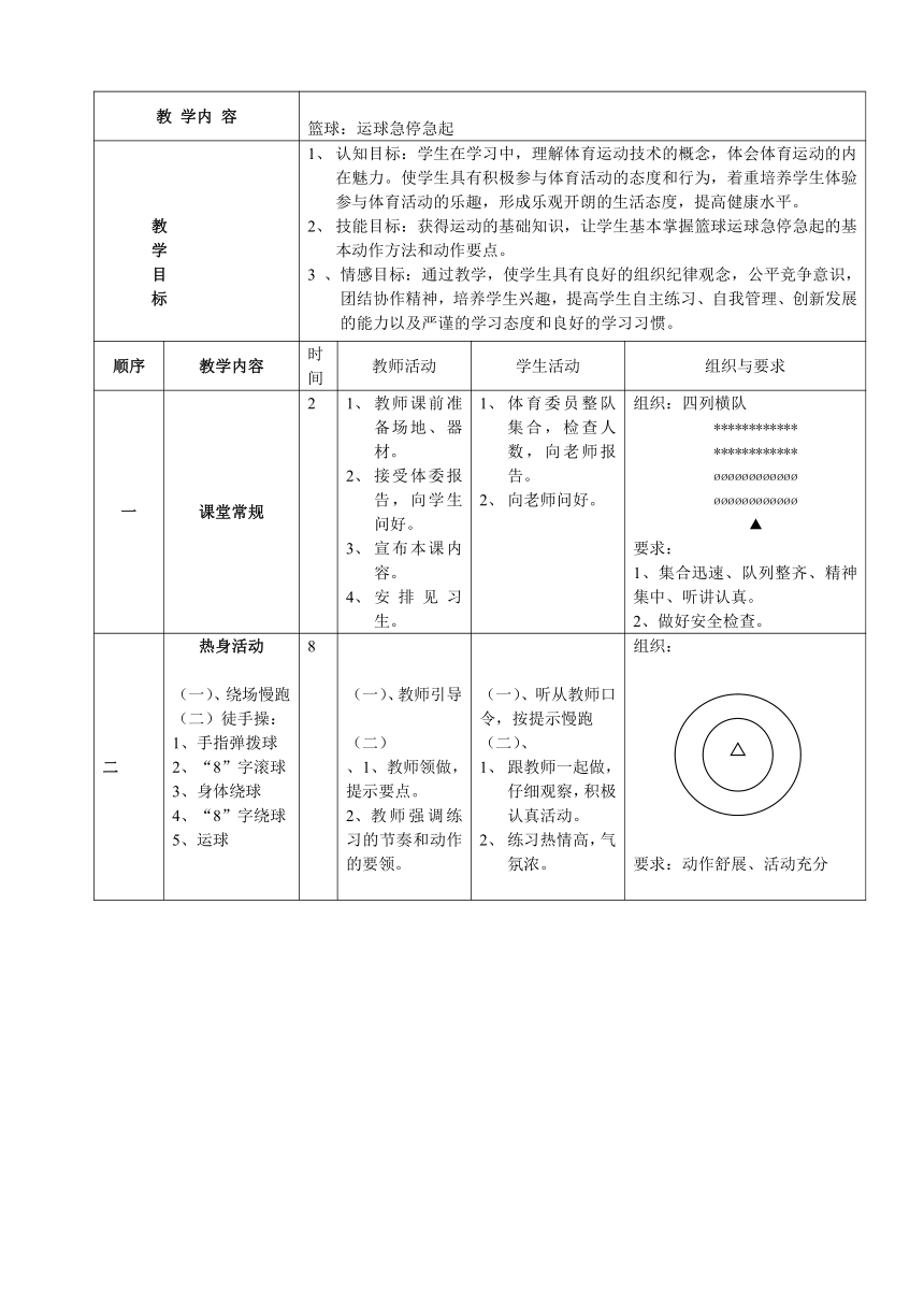 人教版 初中体育与健康 九年级 第4章 篮球：运球急停急起 教案（表格式）