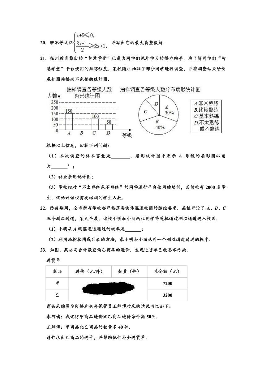 2020年江苏省扬州市中考数学试卷 （word、解析版）