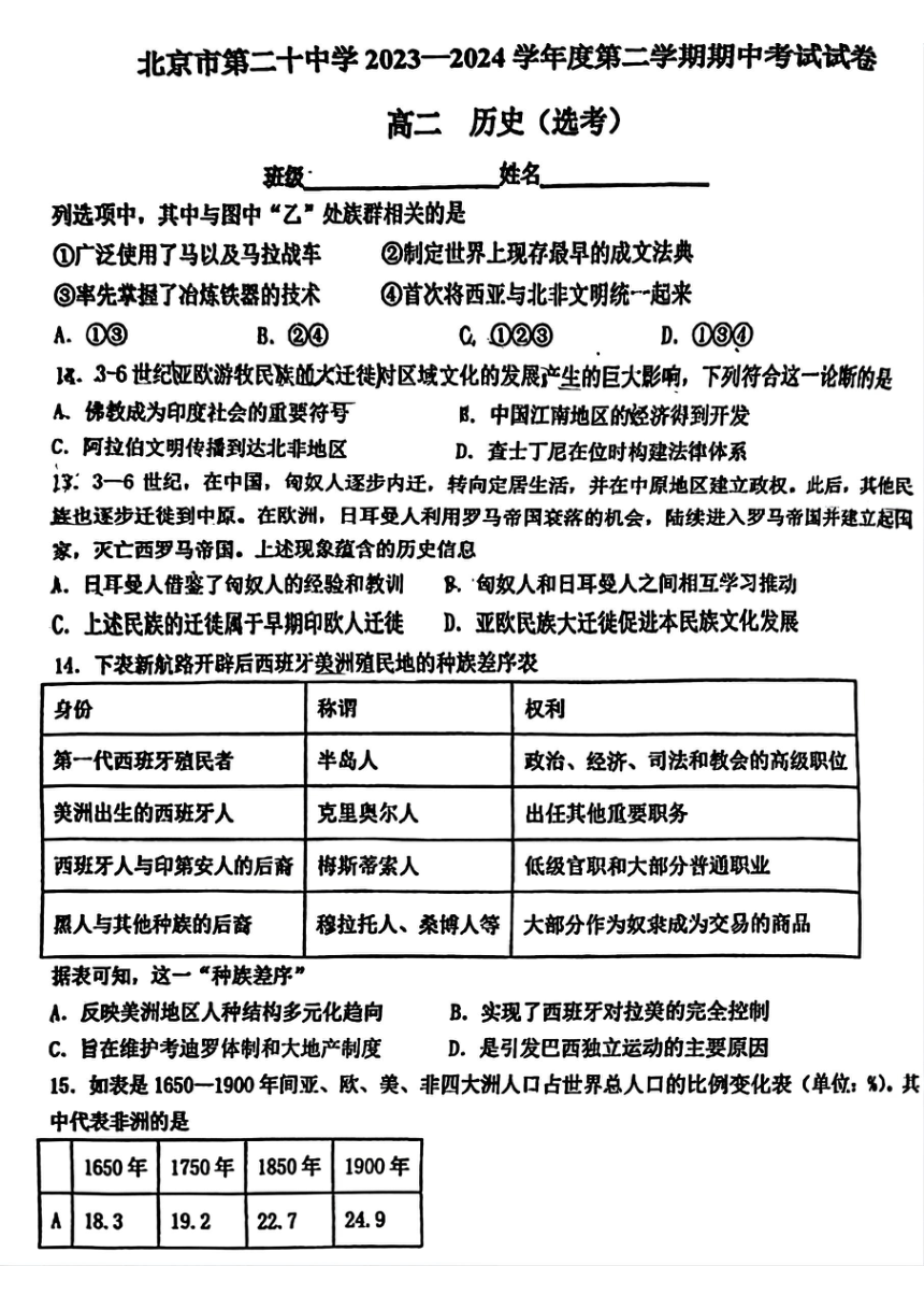 北京市第二十中学2023-2024学年高二下学期期中考试历史（选考）试题（PDF版无答案）